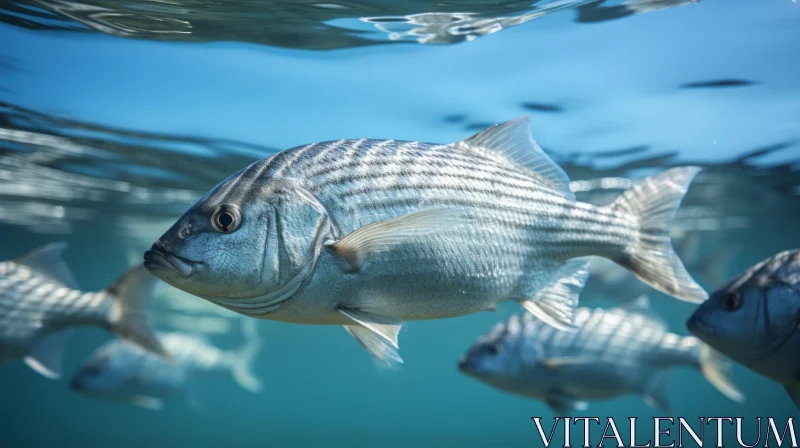 Graceful Striped Bass Swimming in Mystical Blue Water AI Image