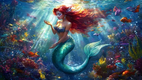 Mystical Mermaid Among Coral Reefs