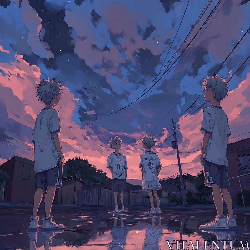 Reflective Evening: Anime Boys AI Image