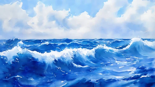 Watercolor Ocean Scene with Cloudy Sky