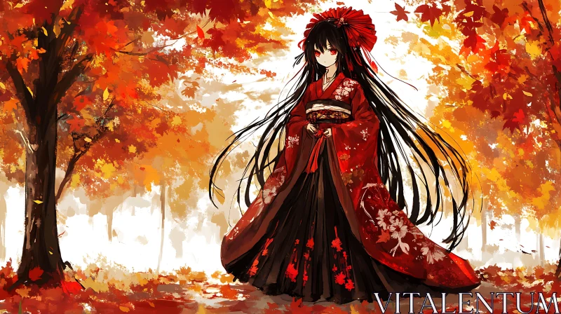 Autumn Forest with Anime Girl in Red Kimono AI Image