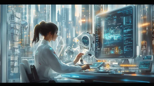 Woman in Lab with Robot Assistant