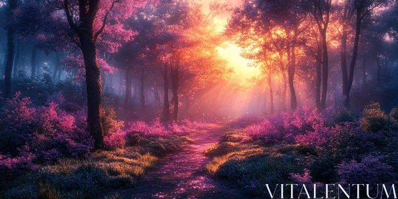 AI ART Mystical Forest with Radiant Sunlight and Colorful Flowers