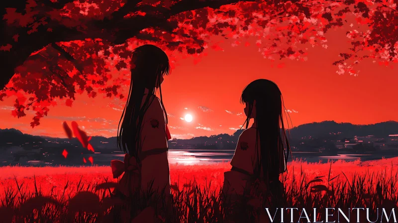 Silhouettes at Sunset under Red Leaves AI Image