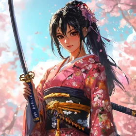 Female Samurai with Katana in Cherry Blossom Season