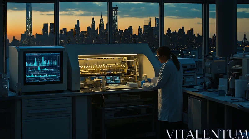 AI ART Scientist in Lab Overlooking City at Sunset