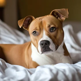 Adorable Brown and White Dog Resting on a White Blanket