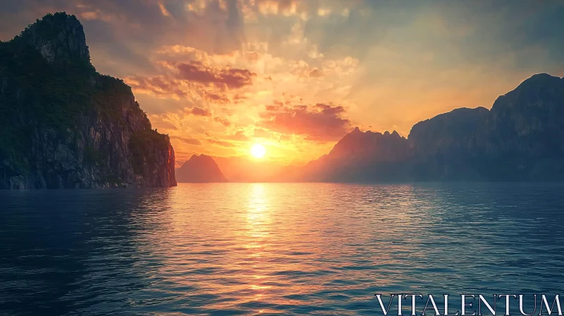 Peaceful Sunset Over Ocean with Mountains AI Image