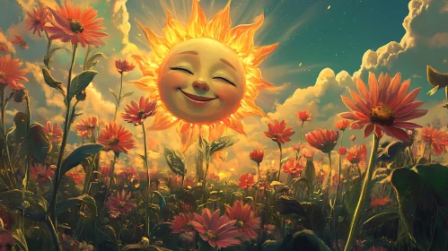 Happy Sun and Flowers Landscape