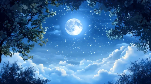 Full Moon and Starry Sky Over Serene Cloudscape