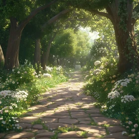 Sunlit Forest Path Surrounded by Blooming Flowers