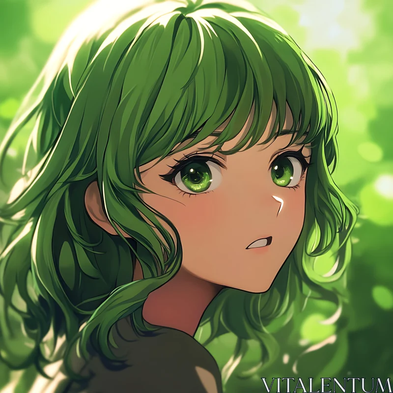 AI ART Anime Girl Portrait with Green Hair and Nature Background