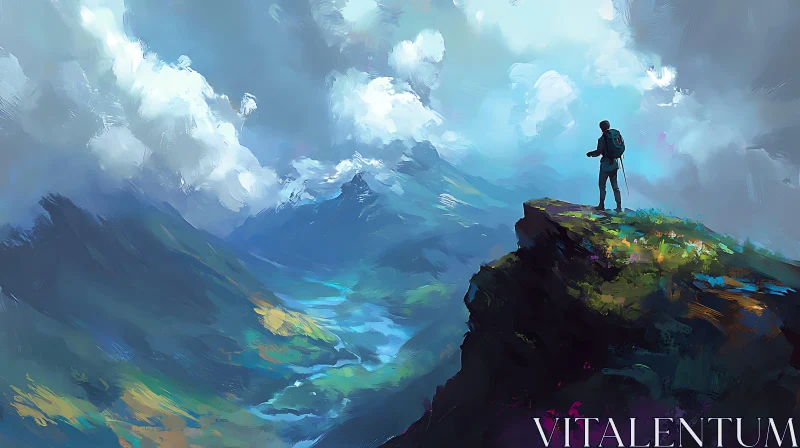 Hiker on Mountain Top AI Image