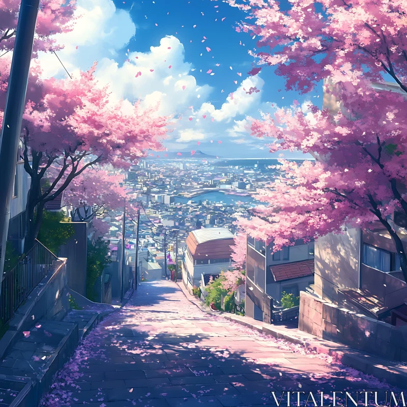 Urban Serenity: Cherry Blossoms Adorning a City Street AI Image