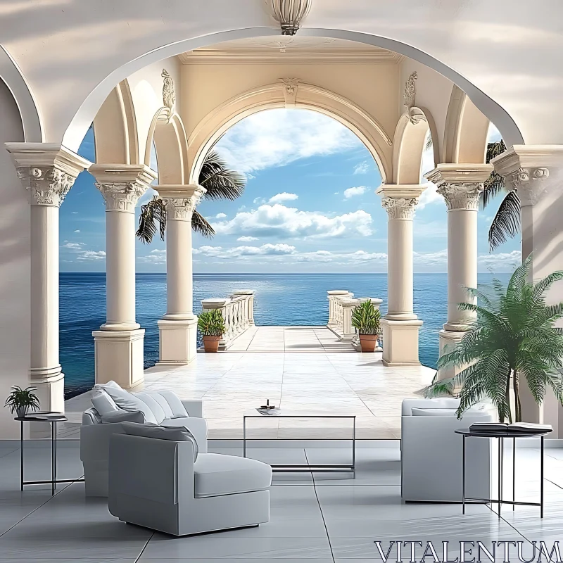 Opulent Terrace Overlooking the Sea with Palm Tree Frames AI Image