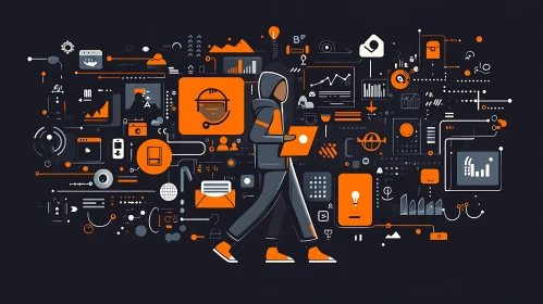 Hooded Figure Amidst Digital Data Visualization