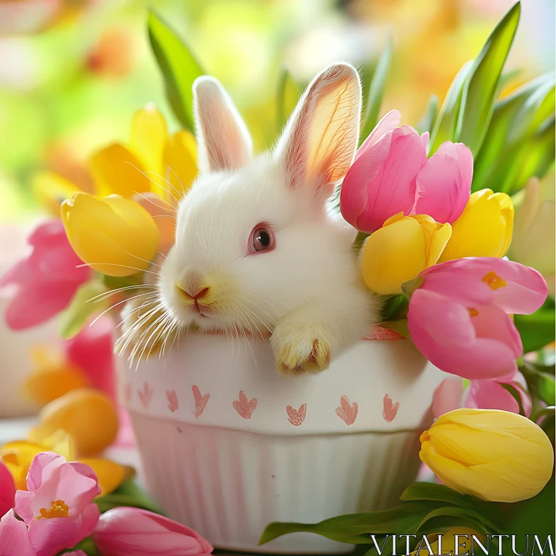 White Rabbit with Tulips in Pot AI Image