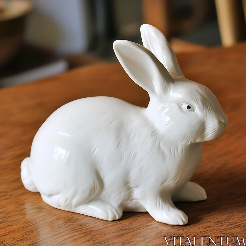 Porcelain Bunny Figurine on Wooden Table AI Image