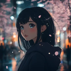 City Night Anime Girl and Cherry Blossoms