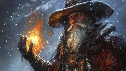 Mystical Wizard with Fire in Winter