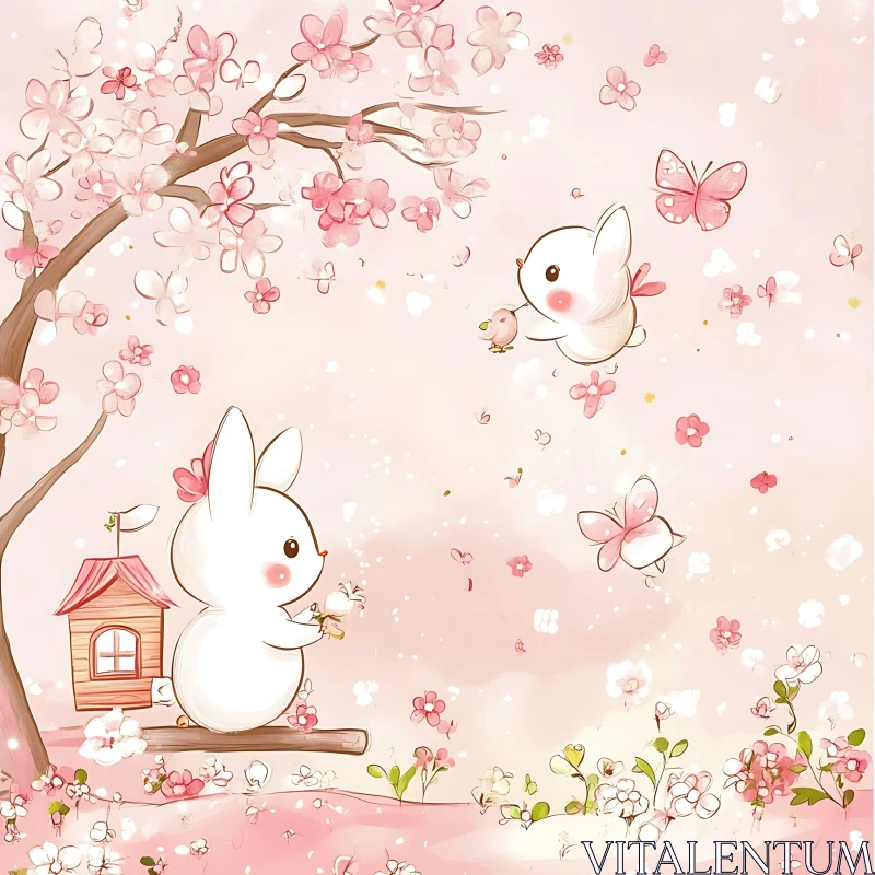 Whimsical Springtime Bunny Illustration AI Image