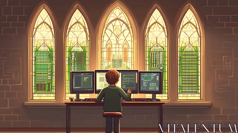 AI ART Modern Coder in Ancient Cathedral Setting