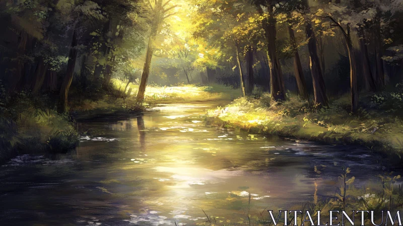 Serene Creek in Sunlit Forest AI Image