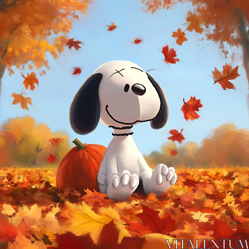 Autumn Dog Surrounded by Leaves and a Pumpkin AI Image