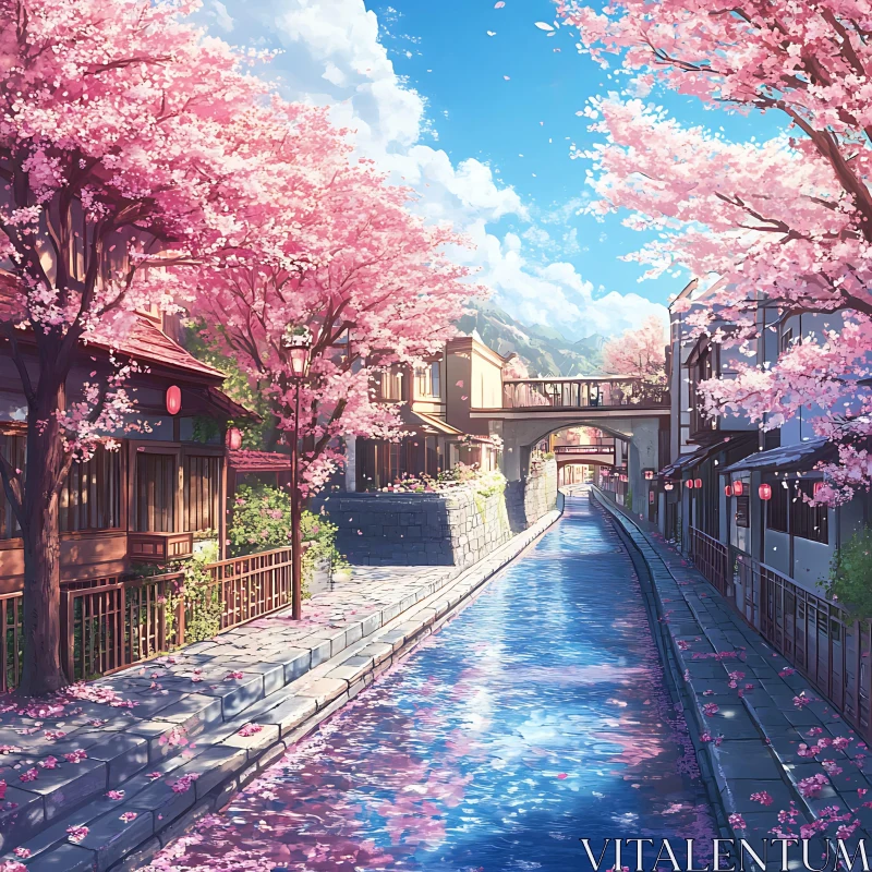 Tranquil Blossom-Adorned Canal AI Image