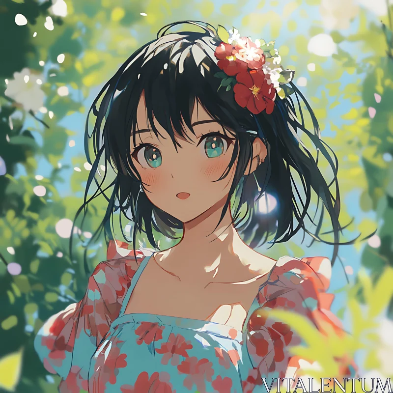 Anime Girl in a Flower-adorned Dress AI Image