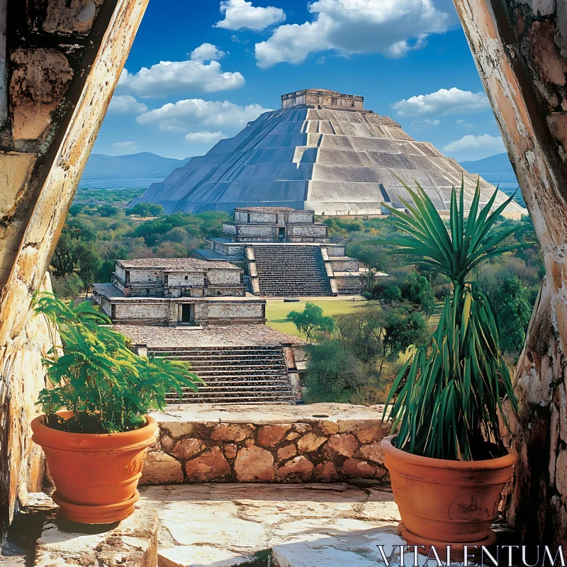 AI ART Pyramid in Mexico Framed by Stone Arch