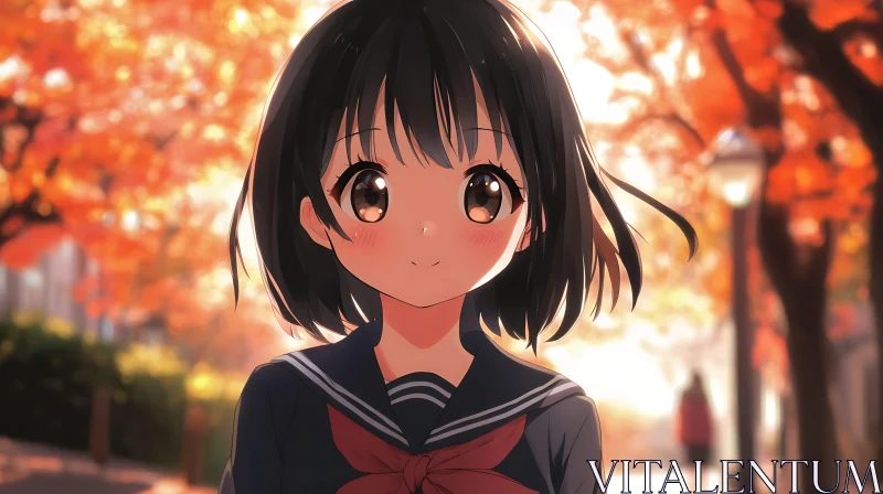 Anime Schoolgirl Amidst Autumn Leaves AI Image