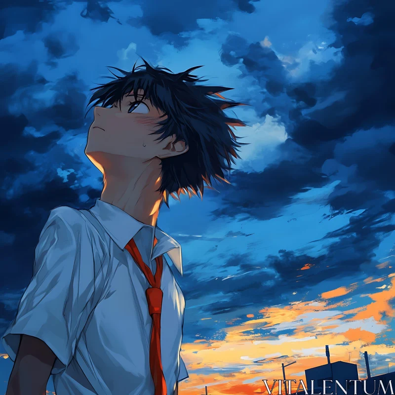 Youthful Anime Character Gazing at the Sky AI Image