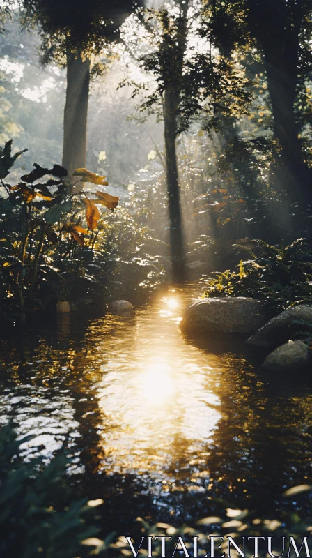 Tranquil Stream Illuminated by Sunlight in a Dense Forest AI Image