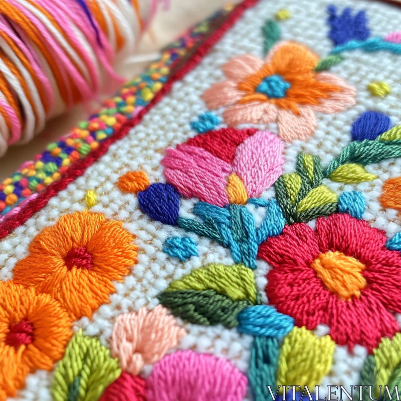 Handmade Floral Embroidery with Bright Colors AI Image