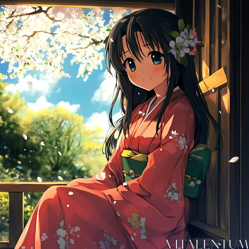 Serene Spring Anime Landscape with Girl in Kimono AI Image