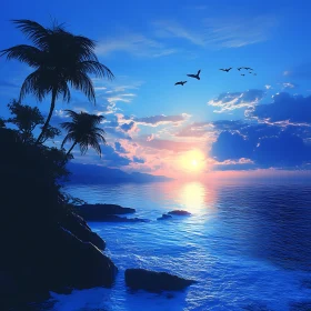 Tropical Sunset Seascape with Birds