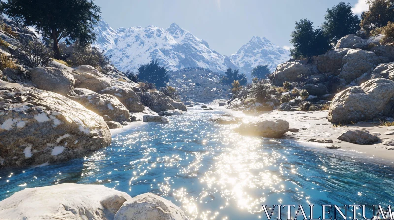 Snow-Covered Peaks and Clear River AI Image