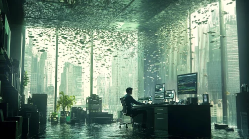 Flooded Office Space with Fish