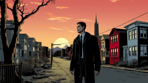 Comic Book Art: Man on Urban Street under Tonalist Skies