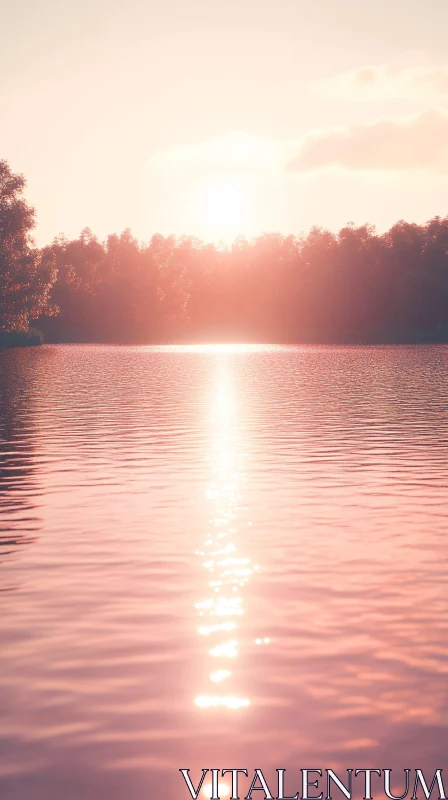 Idyllic Sunset Over Lake with Tree Silhouettes AI Image