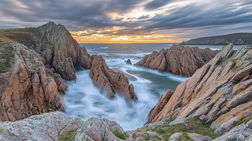 Sunset over Rocky Coastline with Dramatic Sky