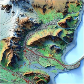 Mountainous Region Topographic Map with Coastal View