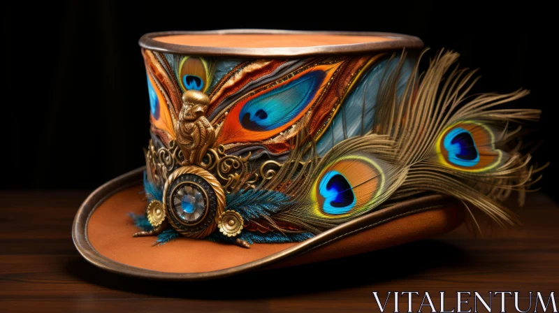 Exquisite Steampunk Peacock Feather Top Hat - Realistic Anamorphic Art AI Image