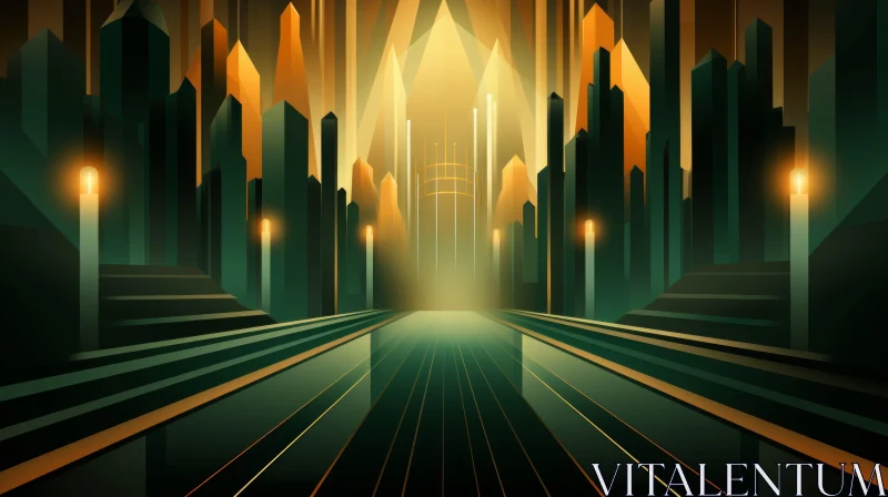 Golden Futuristic City Encased in Art Deco Design AI Image