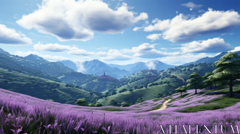 Lush Lavender Fields in Tranquil Hillscape AI Image