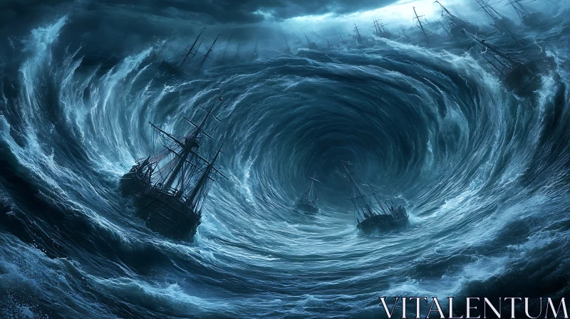 Ocean Storm: Ships Caught in a Whirlpool AI Image