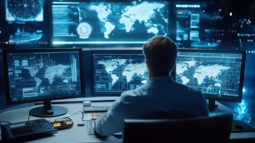 Man Analyzing World Map on Monitors
