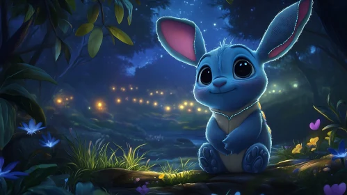 Whimsical Blue Bunny Forest Scene