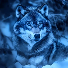 Blue Toned Wolf Portrait in Snow